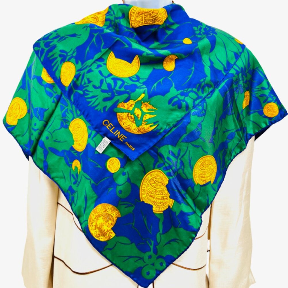 Vgt  Celine Paris 100% Silk Scarf Satin 34"  Green Blue Purple Floral Gold   (38 - Picture 7 of 16